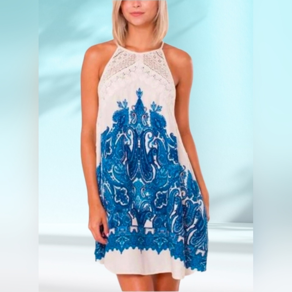 NWT INDIGO ROSE BOHEMIAN LACE SLEEVELESS BABYDOLL BLUE CREAM WHITE HALTER DRESS